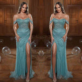 Long Mermaid Off the Shoulder Tulle Beads Sequins Prom Dresses with Slit